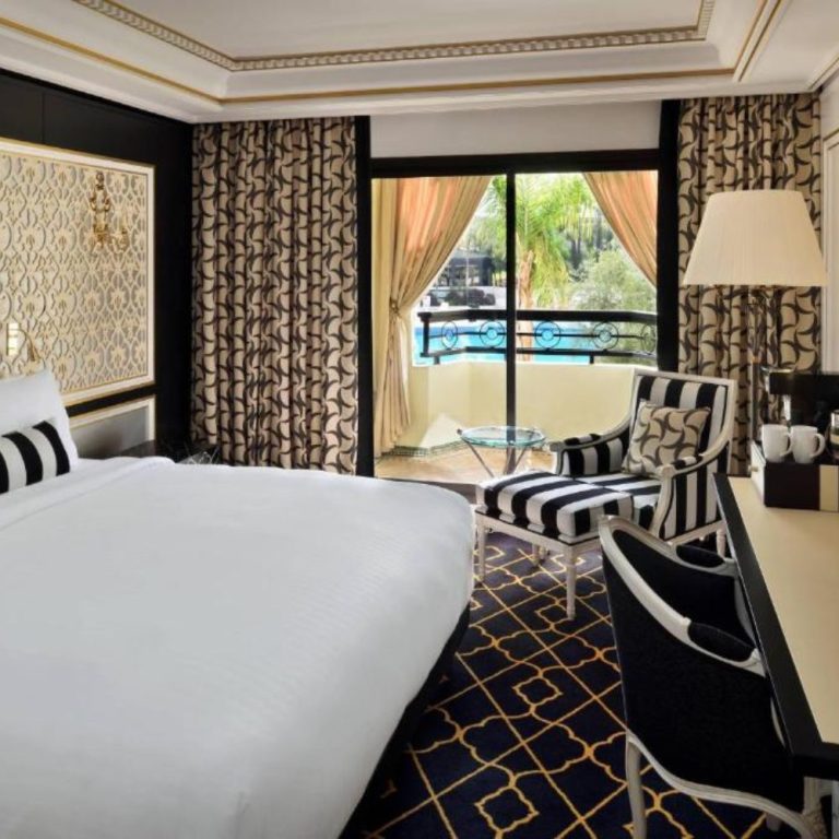 A hotel room a bed